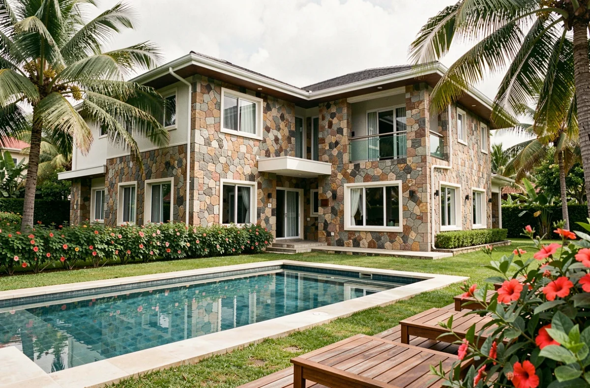 Villa de location investissement immobilier à l'Île Maurice avec piscine privée et jardin tropical