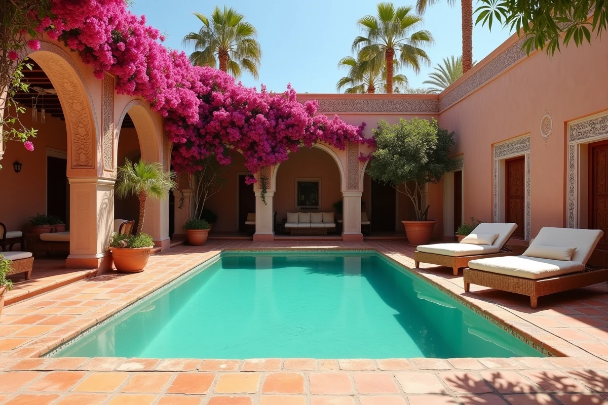 Villa à Marrakech avec piscine turquoise entourée de carrelage zellige et de bougainvilliers en fleurs dans une cour de style riad