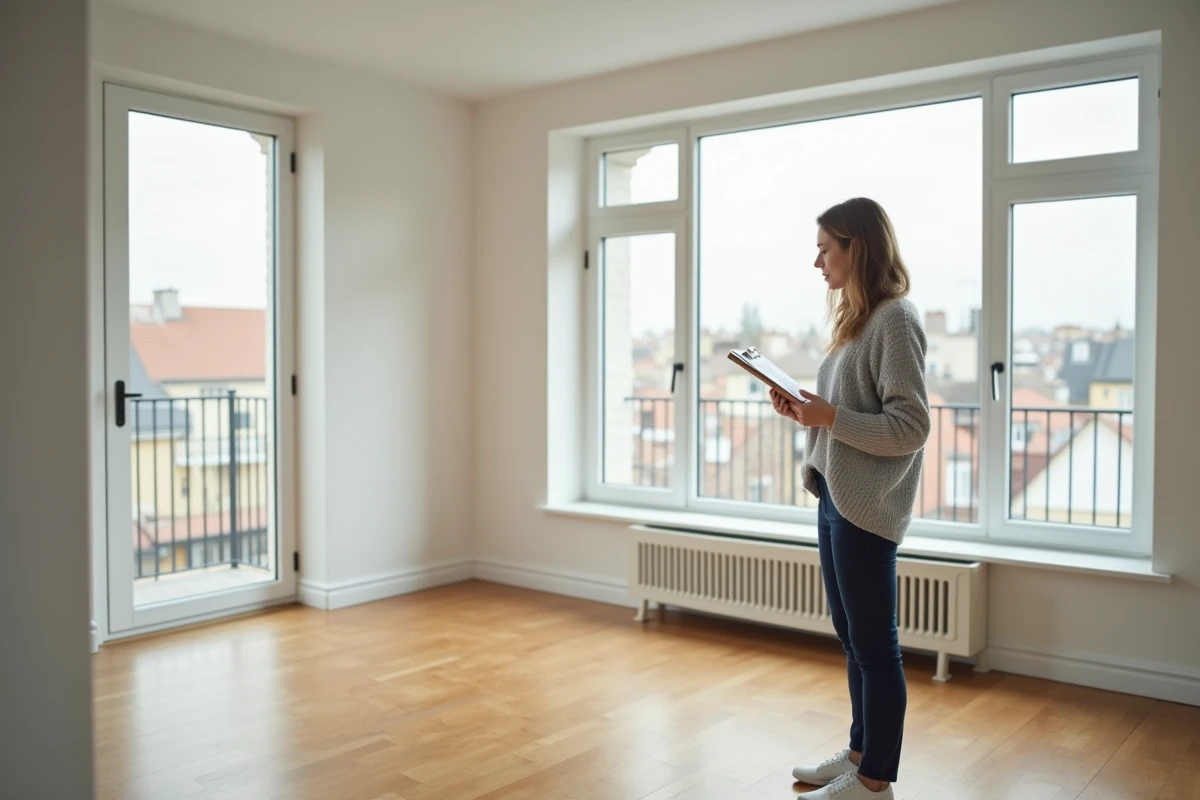 Investisseuse immobilière visitant un appartement vide pour évaluer un projet Orpi Invest Immo