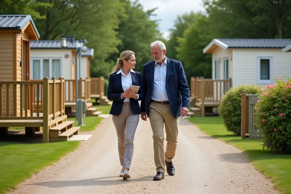 Agent immobilier accompagnant un acheteur dans l'allée d'un camping résidentiel lors d'une visite de parcelle