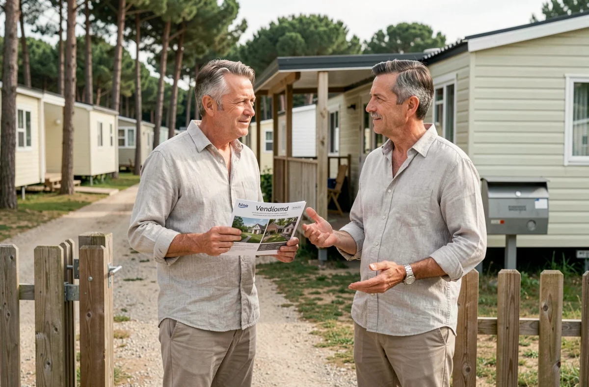 Couple visitant une parcelle de mobil home à vendre dans un camping résidentiel en Vendée à l'année
