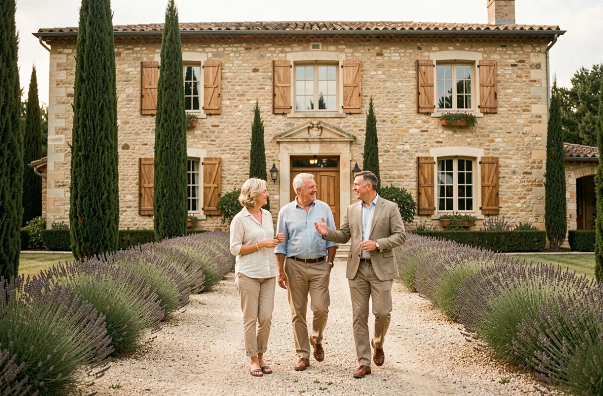 Couple visitant une villa provençale de prestige accompagné d'un agent pour une estimation immobilière haut de gamme