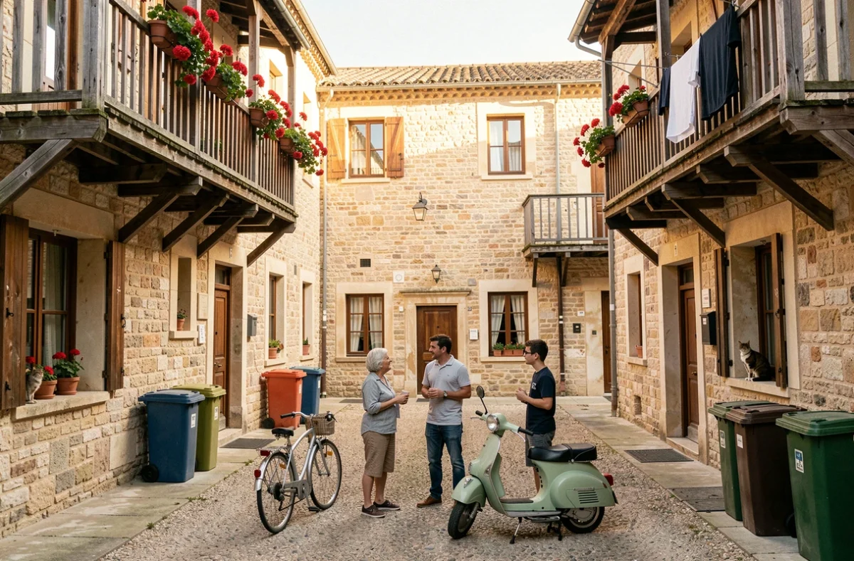 Voisins discutant dans une cour résidentielle authentique du centre d'Avignon dans une ambiance de quartier