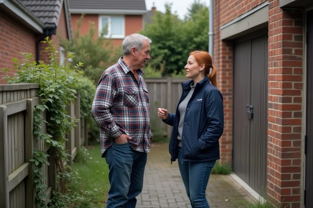 Deux voisins discutant calmement près de la clôture séparant leurs garages dans une maison mitoyenne