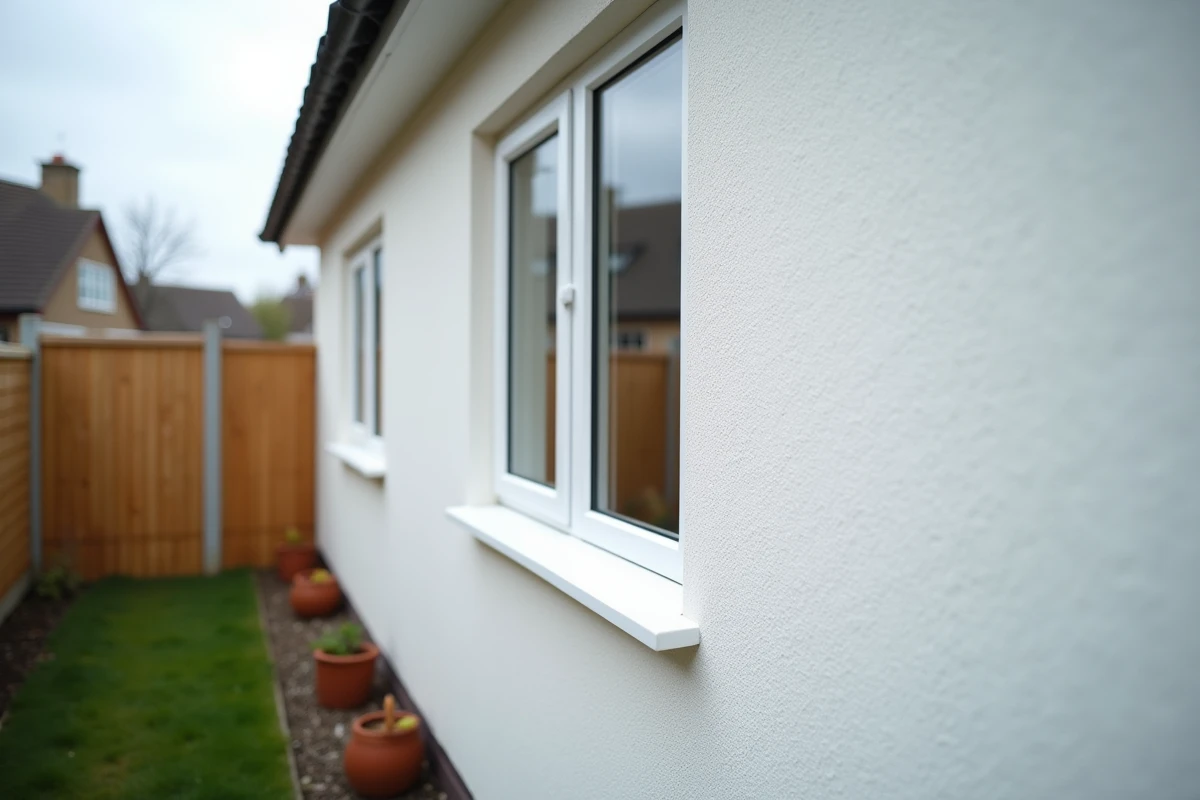 Fenêtre en double vitrage sur mur de maison avec clôture de limite de propriété visible au premier plan