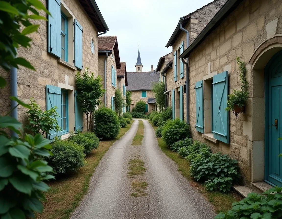 Vue d'une impasse typique dans un village de l'Aube avec des murs en pierre, jardins privés et clocher d'église visible au fond